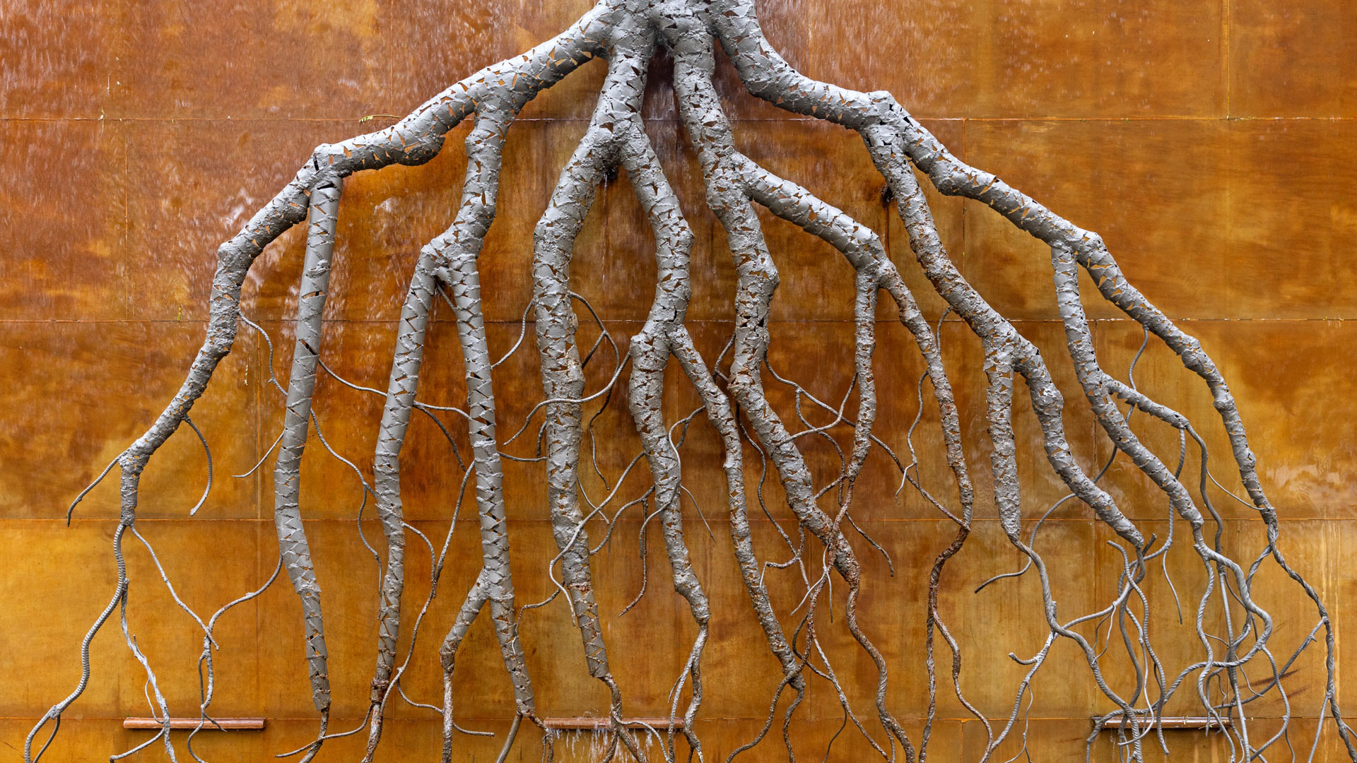 Sculptural wall installation resembling tree roots against a textured golden-brown surface at Six Senses Vana.