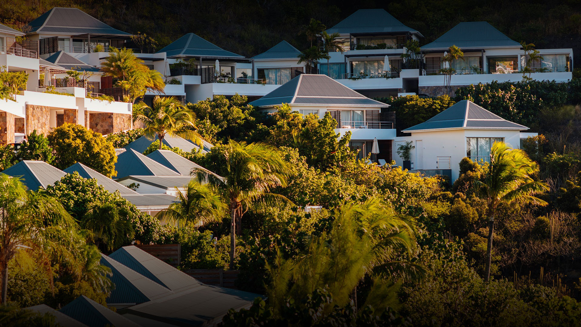 Hillside collection of white private villas nestled among lush tropical landscaping at Hotel Le Toiny