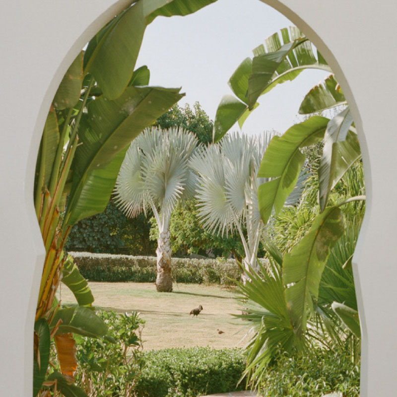 Tropical garden view through a white arched doorway at Belmond Cap Juluca.