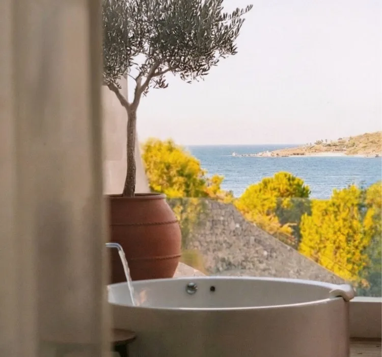 An olive tree in a terracotta pot beside an outdoor bath, with the sea and headland beyond