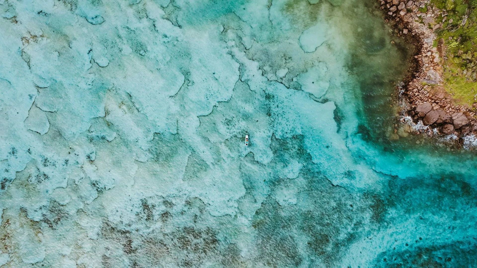 Aerial view of turquoise reef water off the rocky coast at Grand Cul-de-Sac, St Barth